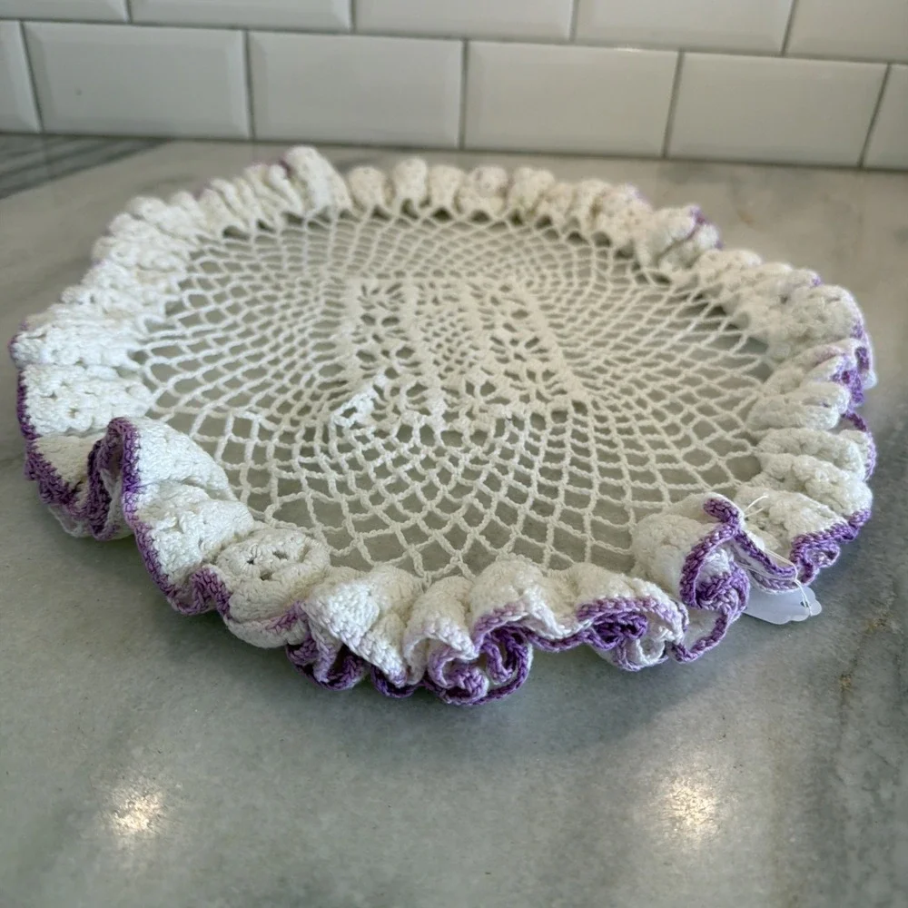 vintage hand crocheted doily White With Lilac Trim GWB000